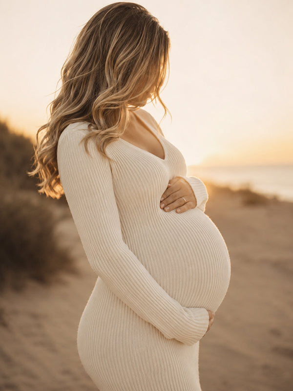 Apricot V-Neck Crochet Maternity Maxi Dress with Elegant Design and Loose Fit, Outdoor Photoshoot