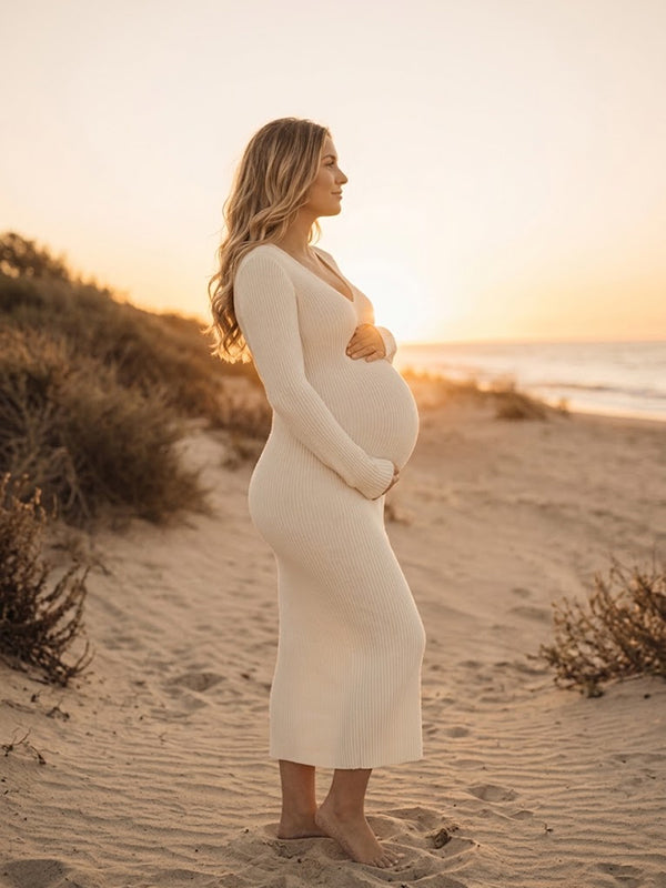 Apricot V-Neck Crochet Maternity Maxi Dress with Crochet Detail Loose Fit