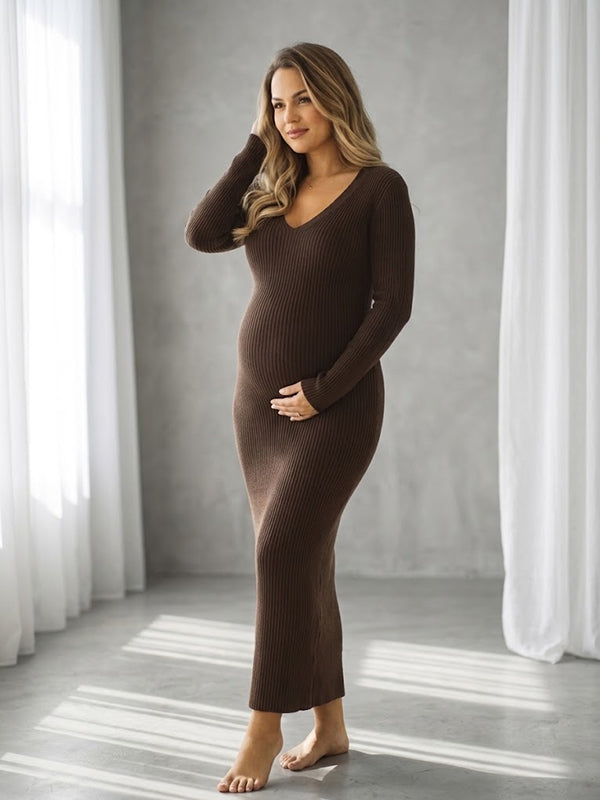 Brown V-Neck Crochet Maternity Maxi Dress with Crochet Detail Loose Fit