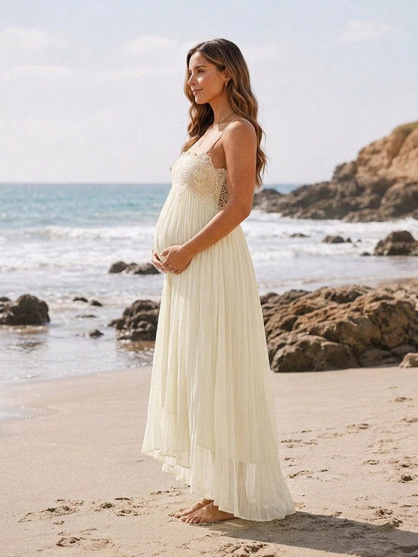 Apricot Elegant Lace Flowy Maternity Maxi Dress with Irregular Hemline Polyester