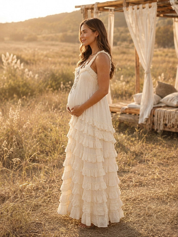 Boho Apricot Tiered Maternity Maxi Dress with Condole Belt Loose Fit