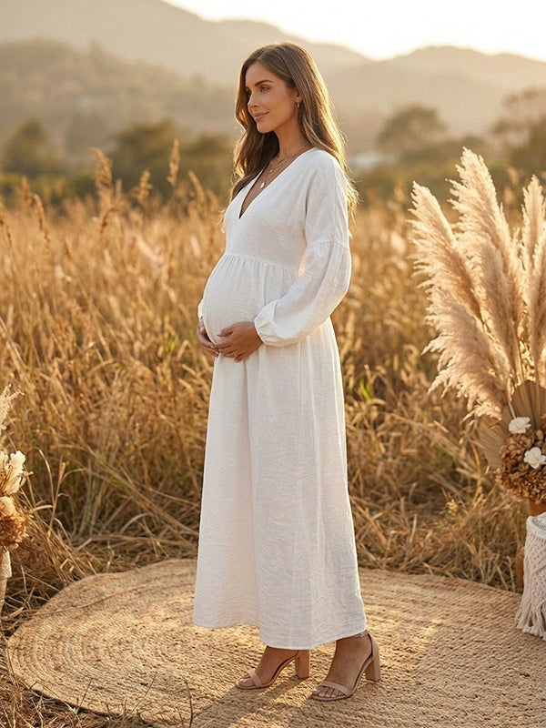 Beige Boho Flowy A-Line Maternity Maxi Dress with Lantern Sleeves Polyester