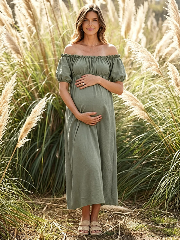 Boho Flowy Maternity Maxi Dress with Off Shoulder Lettuce Edge Trim