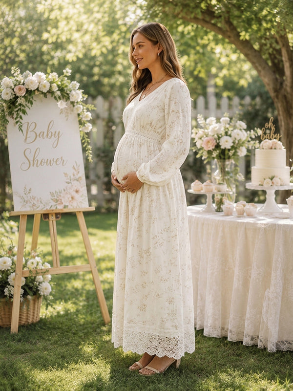 White Floral Lace Baby Shower Maternity Maxi Dress with A-Line Flowy Cut Polyester