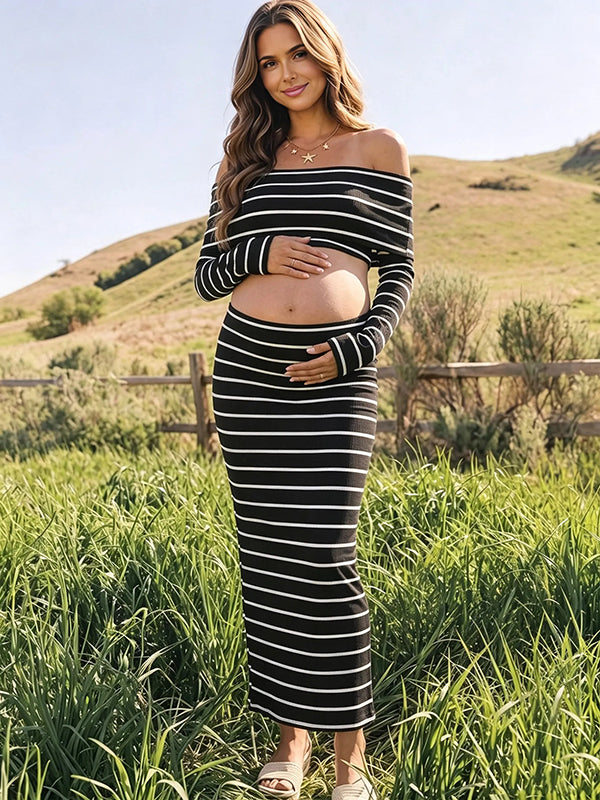 Black and White Striped Off Shoulder 2-in-1 Photoshoot Maternity Maxi Dress with Off Shoulder 2-in-1 Design Polyester and Spandex