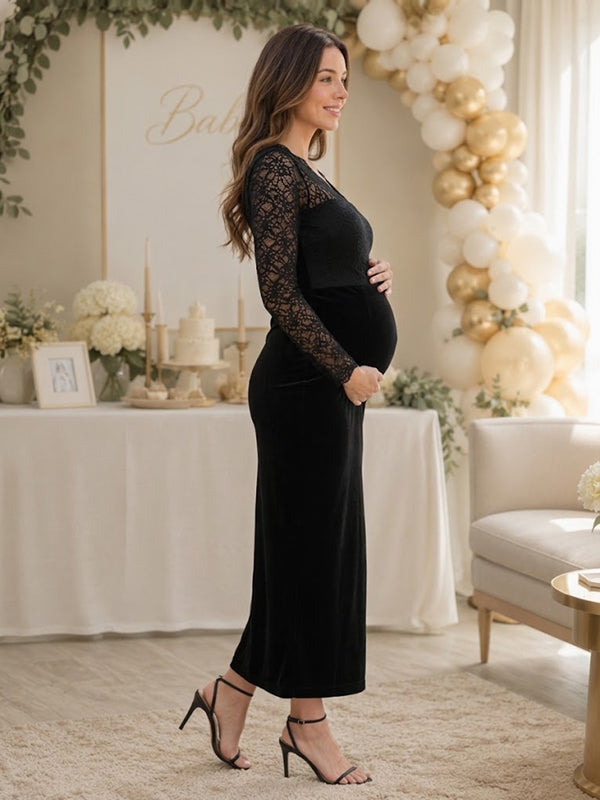 Black Lace Splicing Maternity Maxi Dress with Flattering Bodycon Fit