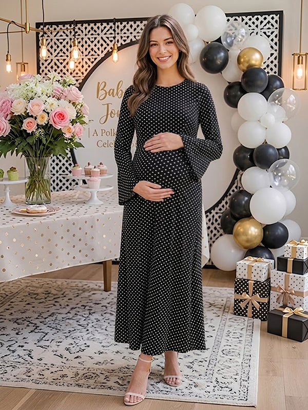 Polka Dot Backless Lace Up Maternity Maxi Dress with Flattering Fit, Baby Shower