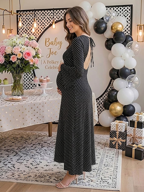 Polka Dot Backless Lace Up Maternity Maxi Dress with Adjustable Fit