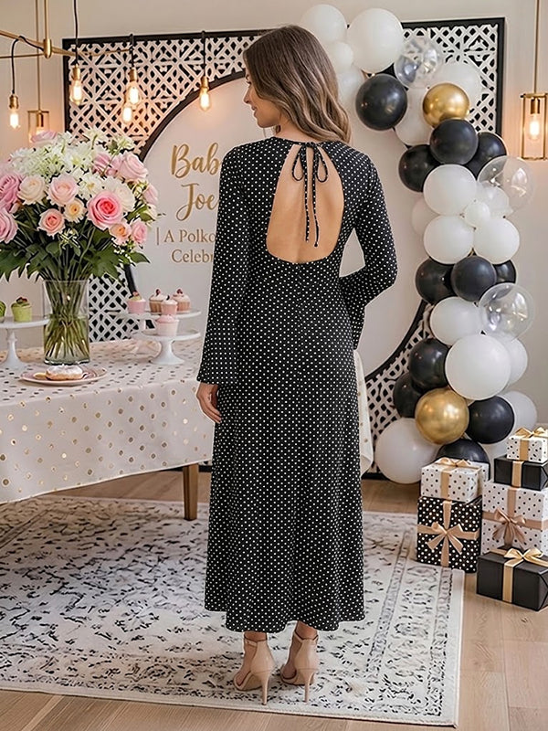Polka Dot Backless Lace Up Maternity Maxi Dress with Lace Up Back