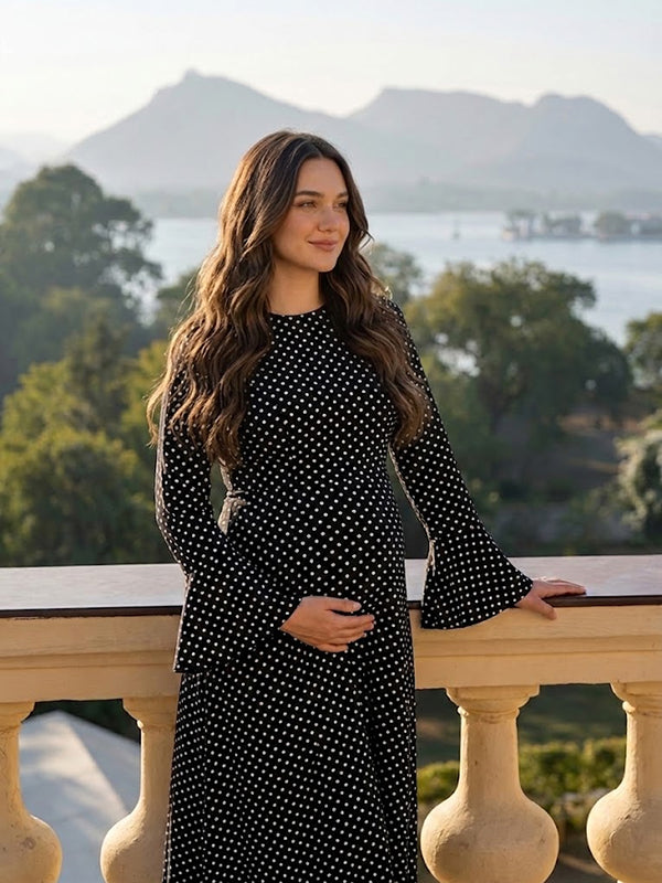 Polka Dot Backless Lace Up Maternity Maxi Dress with Flattering Fit, Daily Wear