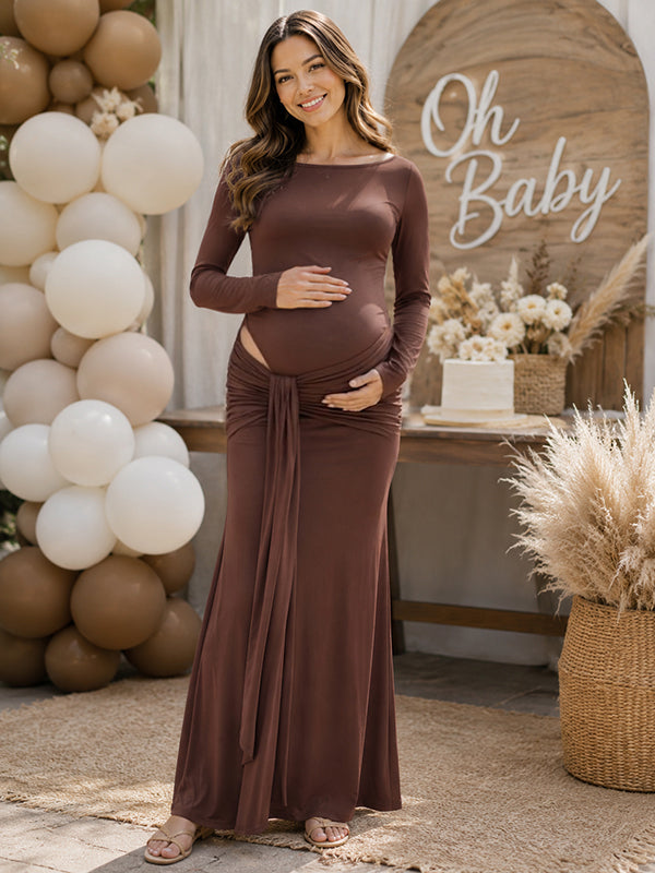 Brown Draped Hem Cutout Maternity Maxi Dress with Flattering Fit, Baby Shower