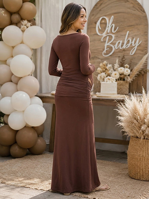 Brown Draped Hem Cutout Maternity Maxi Dress with Draped Hem Fit