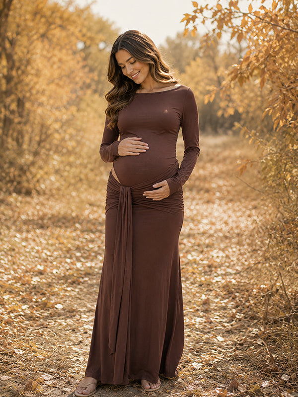 Brown Draped Hem Cutout Maternity Maxi Dress with Flattering Fit, Photoshoot