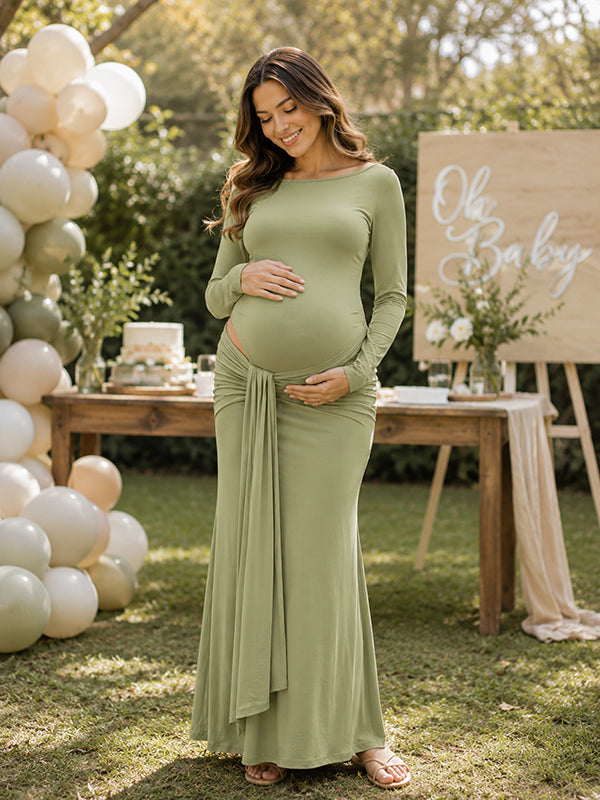 Green Draped Hem Cutout Maternity Maxi Dress with Flattering Fit, Baby Shower