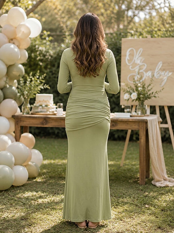 Green Draped Hem Cutout Maternity Maxi Dress with Draped Hem Fit