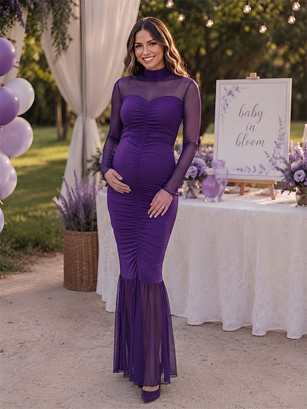 Purple Splicing Maternity Maxi Dress with Bodycon Fit and Side Slit, Baby Shower