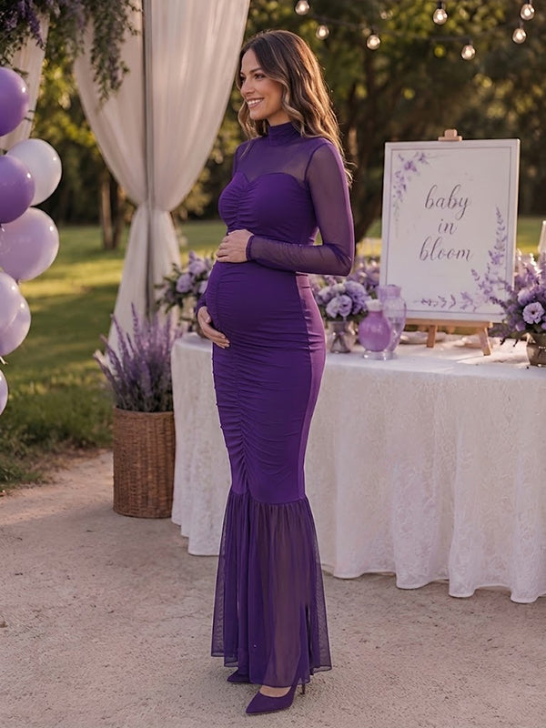 Purple Splicing Maternity Maxi Dress with Side Slit Bodycon Fit