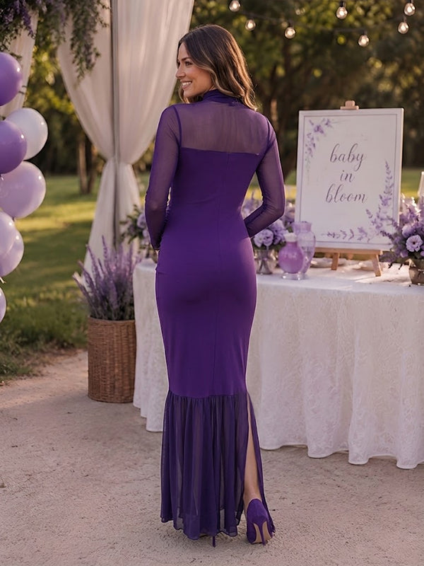 Purple Splicing Maternity Maxi Dress with Elegant Splicing Detail