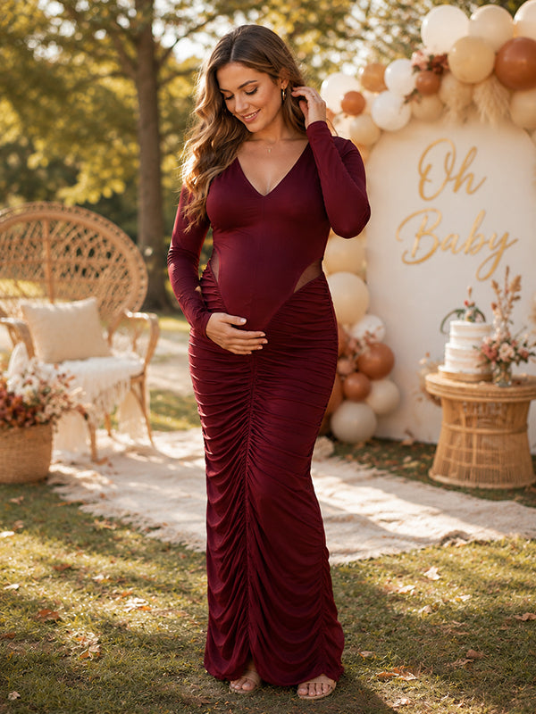 Red Ruched Cutout Maternity Maxi Dress with Flattering Fit, Baby Shower