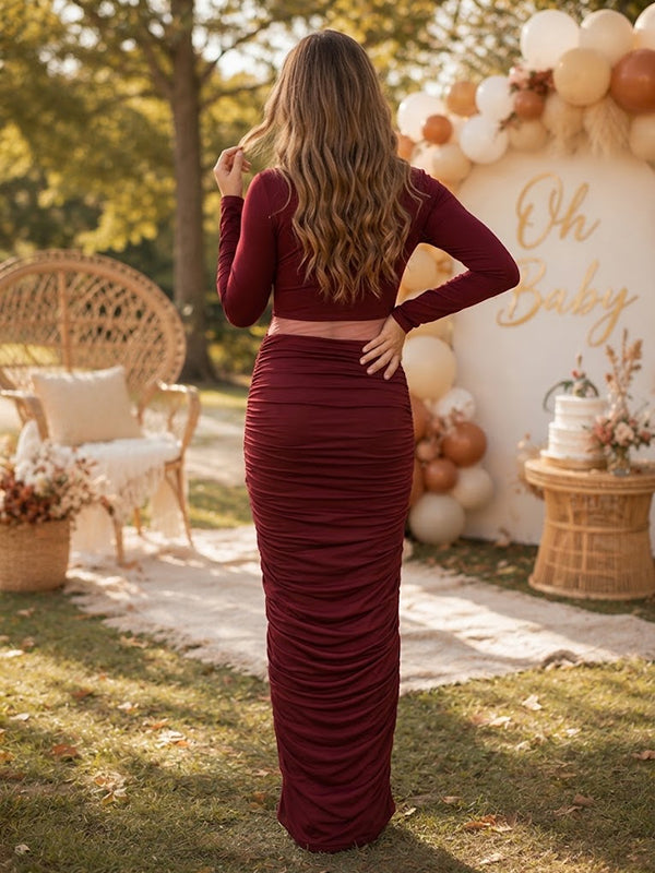 Red Ruched Cutout Maternity Maxi Dress with Ruched Details Flattering Fit