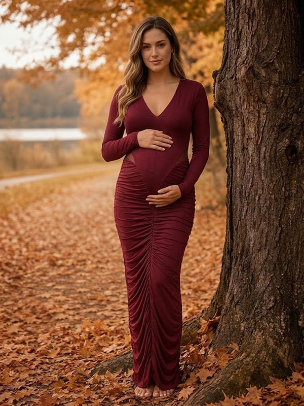 Red Ruched Cutout Maternity Maxi Dress with Ruched Details Elegant Fit