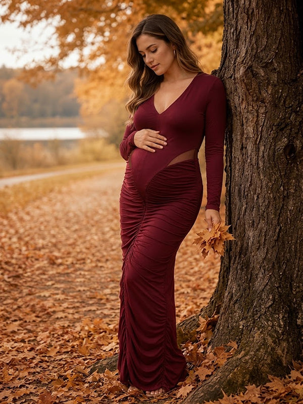 Red Ruched Cutout Maternity Maxi Dress with Flattering Fit, Photoshoot