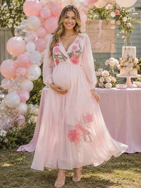 Pink Floral Maternity Maxi Dress with Loose Flowy Fit, Baby Shower