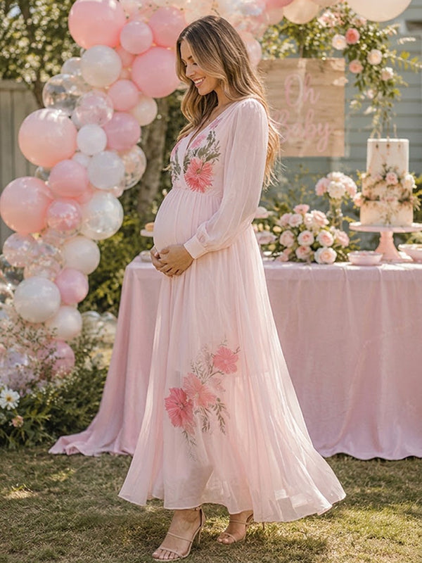 Pink Floral Maternity Maxi Dress with Loose Flowy Fit