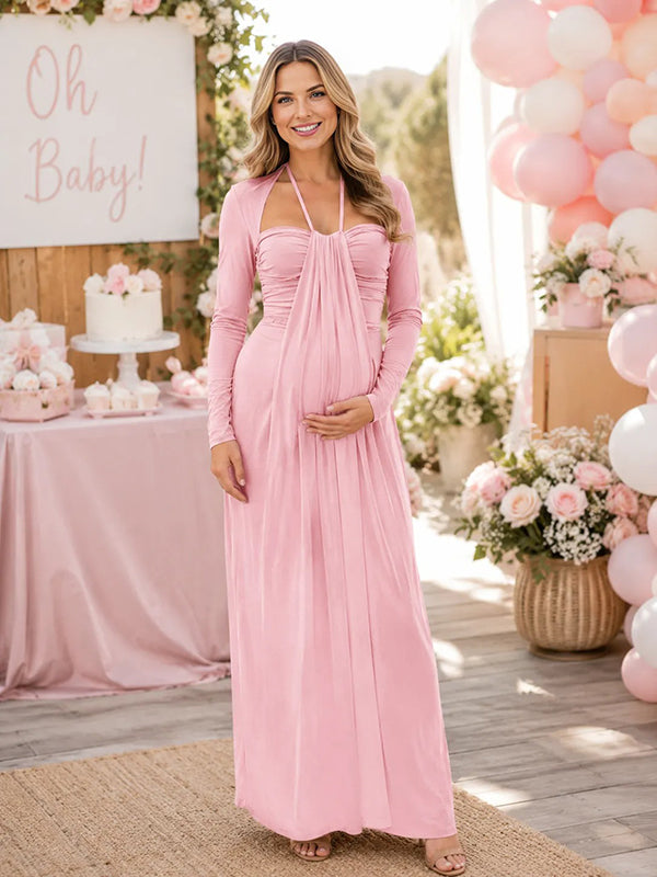 Pink Halter Neck Maternity Maxi Dress with Lace-Up Bodycon Fit, Baby Shower