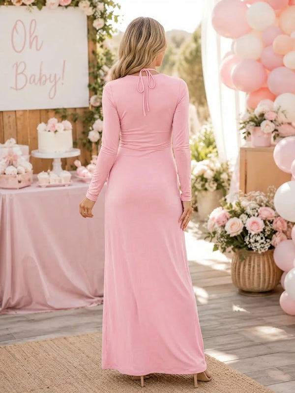 Pink Halter Neck Maternity Maxi Dress with Lace-Up Bodycon Fit
