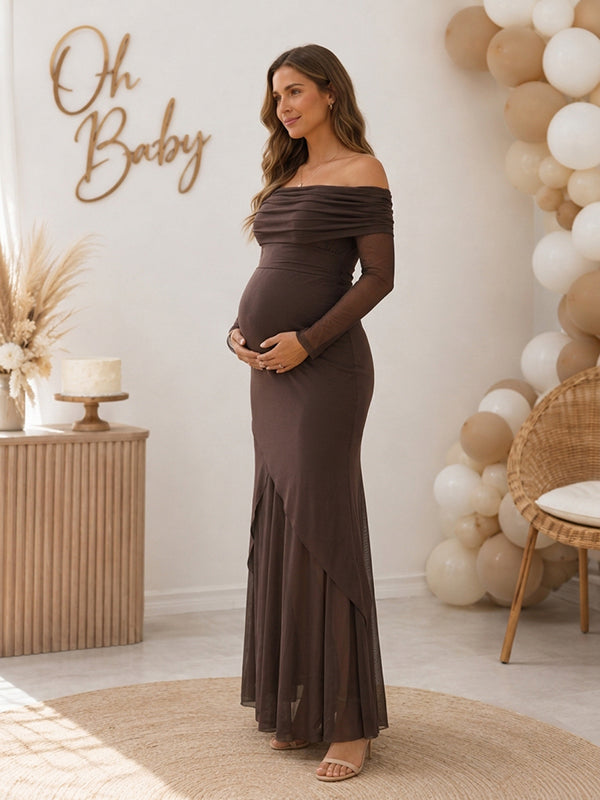 Brown Off Shoulder Mesh Baby Shower Maternity Maxi Dress with Patchwork Details Dacron