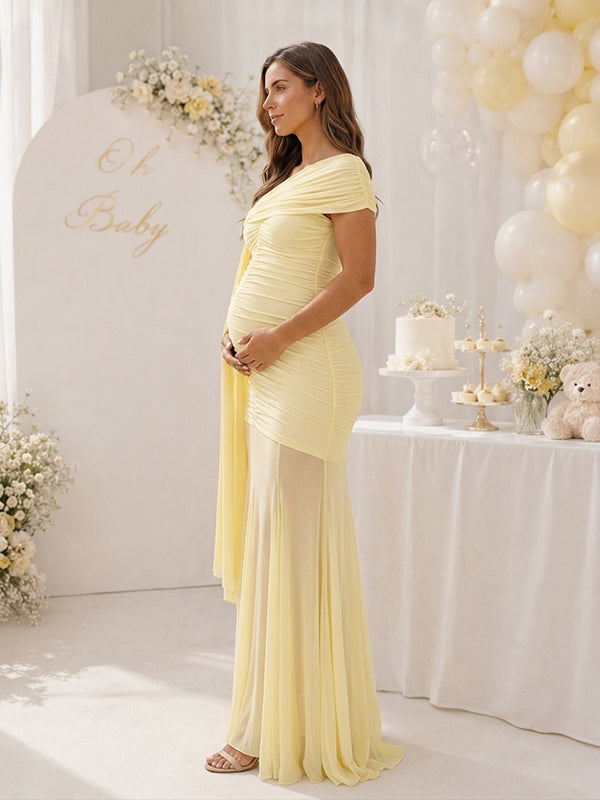 Yellow Oblique Shoulder Mesh Baby Shower Maternity Maxi Dress with Side Draped Details Dacron