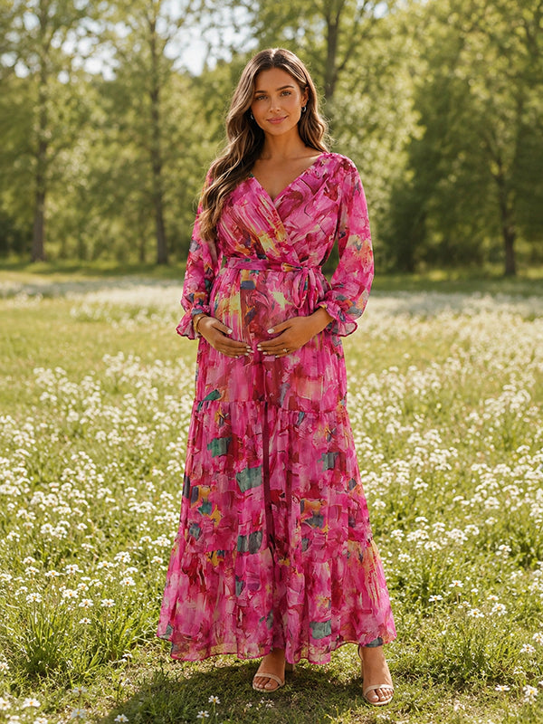Pink Vacation Maternity Maxi Dress with Floral Belt and Dacron, Daily Wear