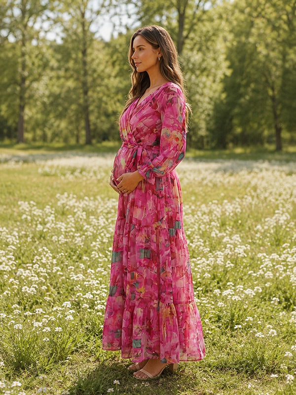 Pink Vacation Maternity Maxi Dress with Floral Belt Dacron