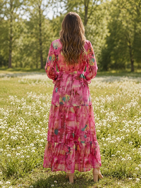 Pink Vacation Maternity Maxi Dress with Floral Belt