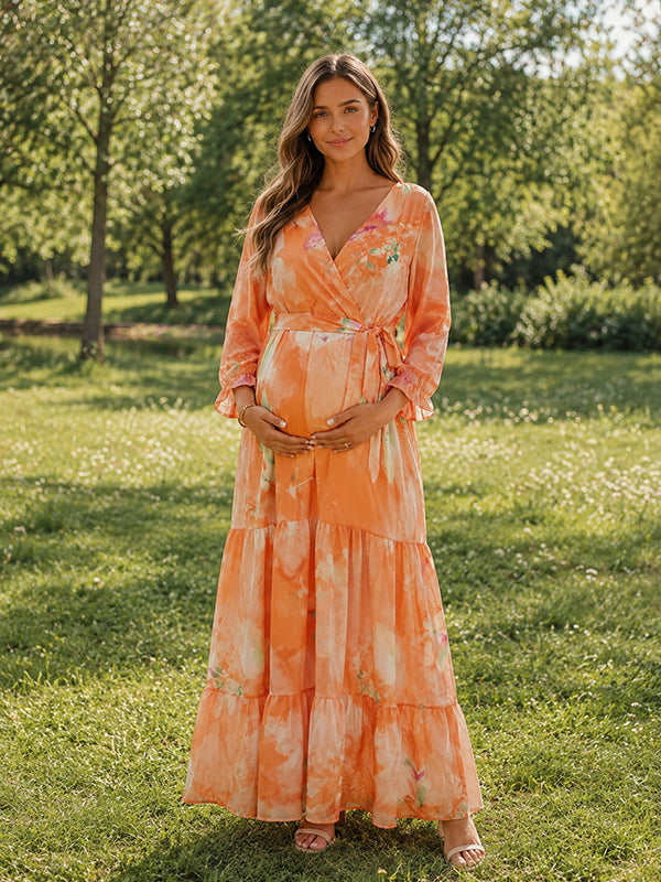 Orange Vacation Maternity Maxi Dress with Floral Belt and Dacron, Daily Wear