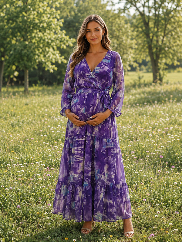 Purple Vacation Maternity Maxi Dress with Floral Belt and Dacron, Daily Wear