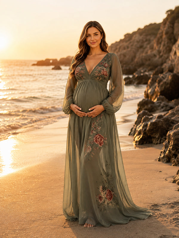Floral Mesh Flowy Photoshoot Maternity Maxi Dress with Full Skirt and Dacron, Vacation Style