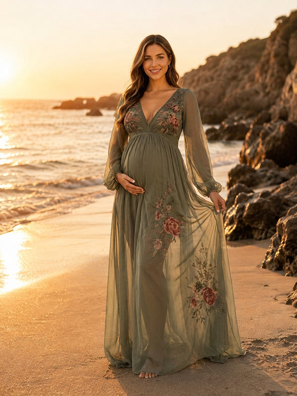 Floral Mesh Flowy Photoshoot Maternity Maxi Dress with Full Skirt Dacron