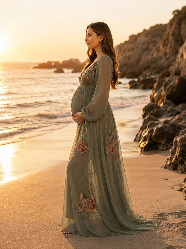 Floral Mesh Flowy Photoshoot Maternity Maxi Dress with Full Skirt