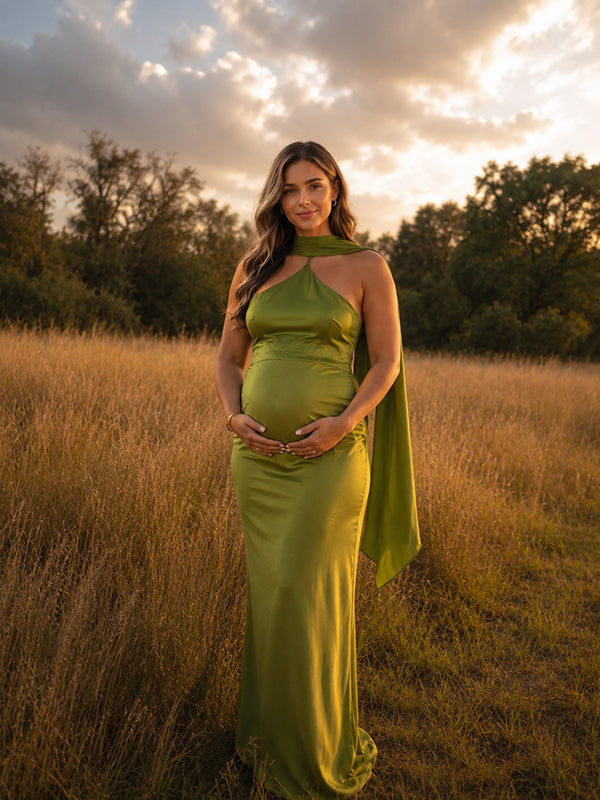 Green Ribbons Backless Photoshoot Maternity Maxi Dress with Mermaid Bodycon Cut and Fitted, Cocktail Event
