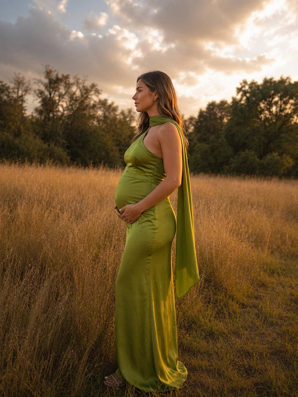 Green Ribbons Backless Photoshoot Maternity Maxi Dress with Mermaid Bodycon Cut Fitted