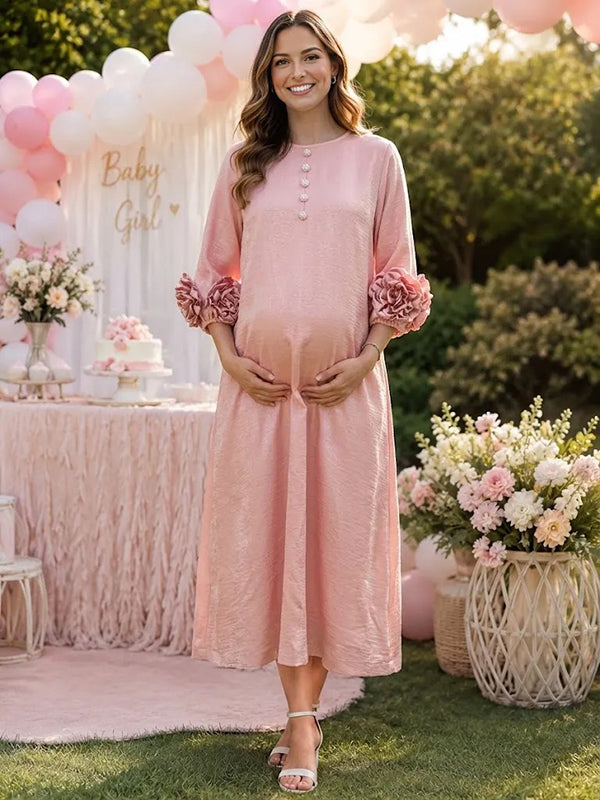 Pink 3D Flowers Maternity Maxi Dress with Loose Fit, Baby Shower
