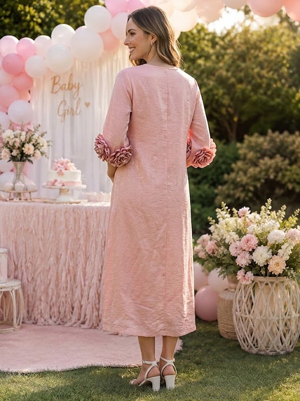 Pink 3D Flowers Maternity Maxi Dress with 3D Flower Details Loose Fit