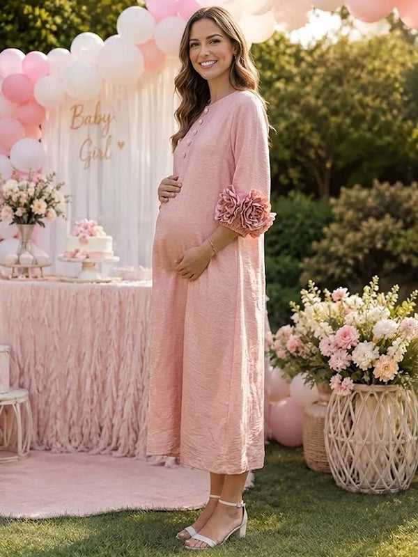 Pink 3D Flowers Maternity Maxi Dress with 3D Flower Details
