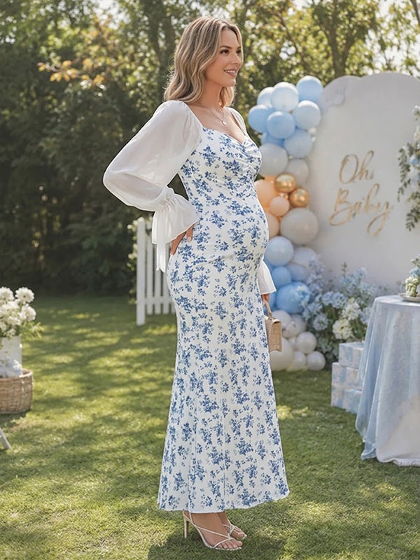 Blue Floral Maternity Maxi Dress with Lace-Up Details Bodycon Fit