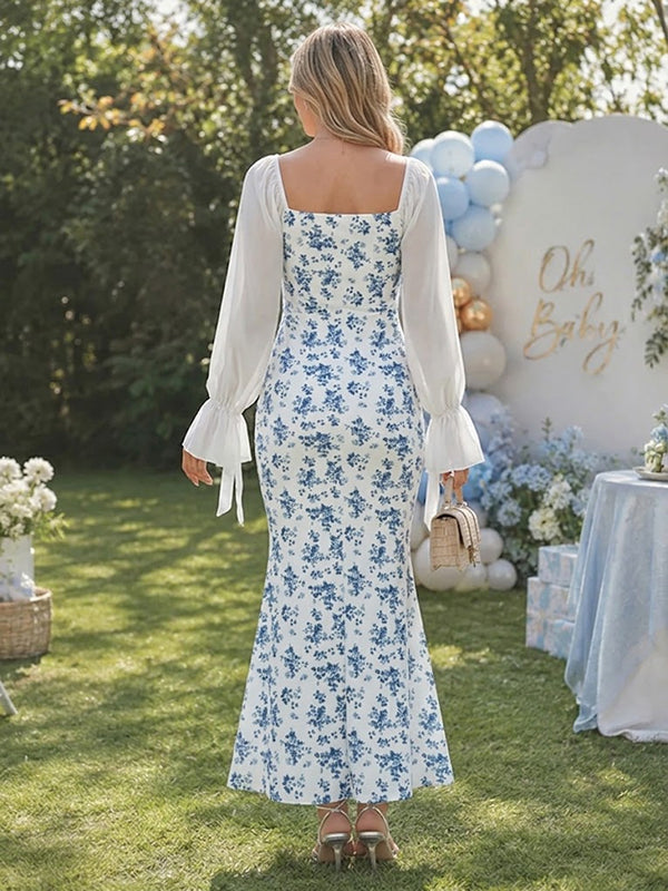 Blue Floral Maternity Maxi Dress with Floral Details
