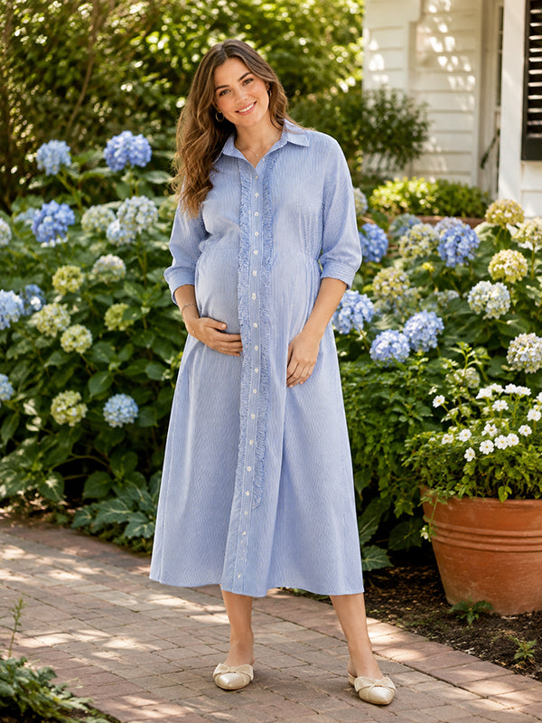 Blue Striped Falbala Maternity Maxi Dress with Loose Fit and Graceful Details, Daily Wear