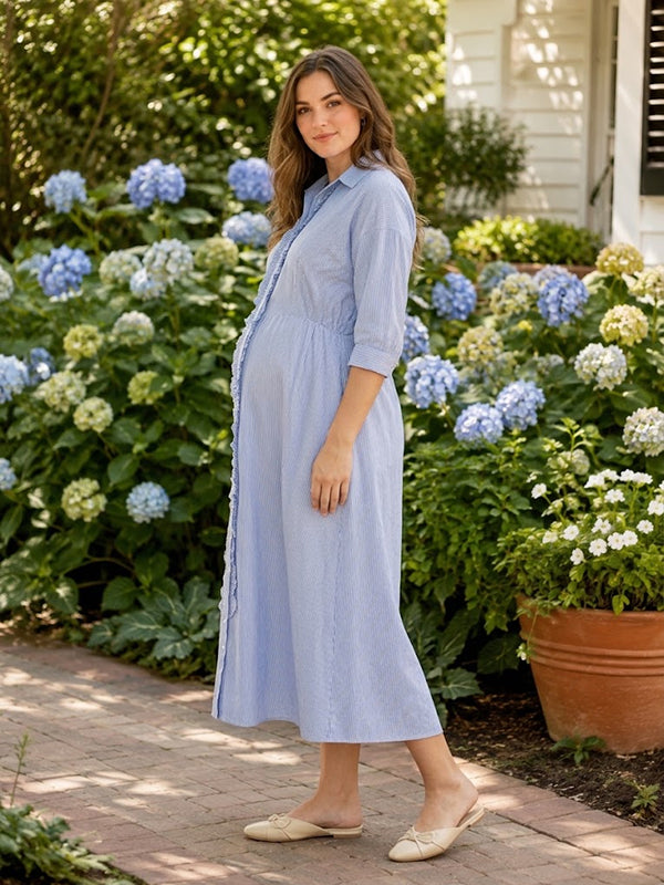 Blue Striped Falbala Maternity Maxi Dress with Falbala Details