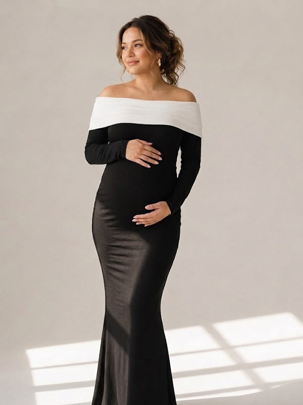 Black Off Shoulder Maternity Maxi Dress with Sleek Bodycon Fit, Photoshoot